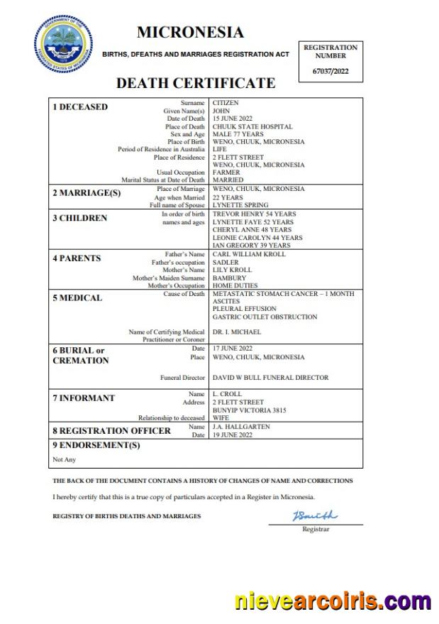 Micronesia vital record death certificate
